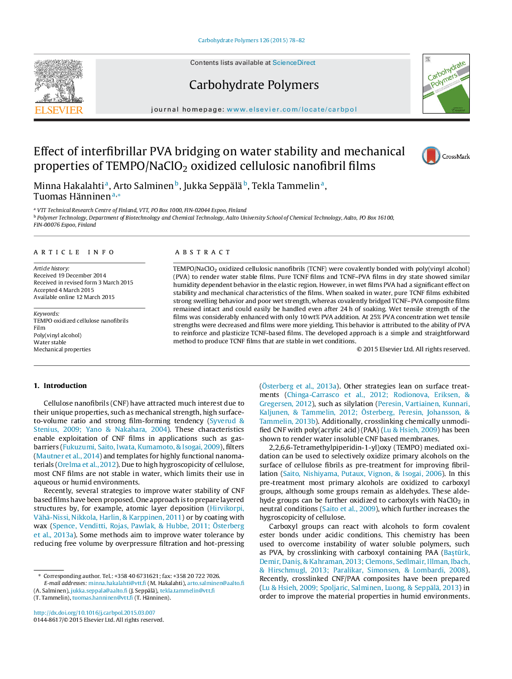 Effect of interfibrillar PVA bridging on water stability and mechanical properties of TEMPO/NaClO2 oxidized cellulosic nanofibril films