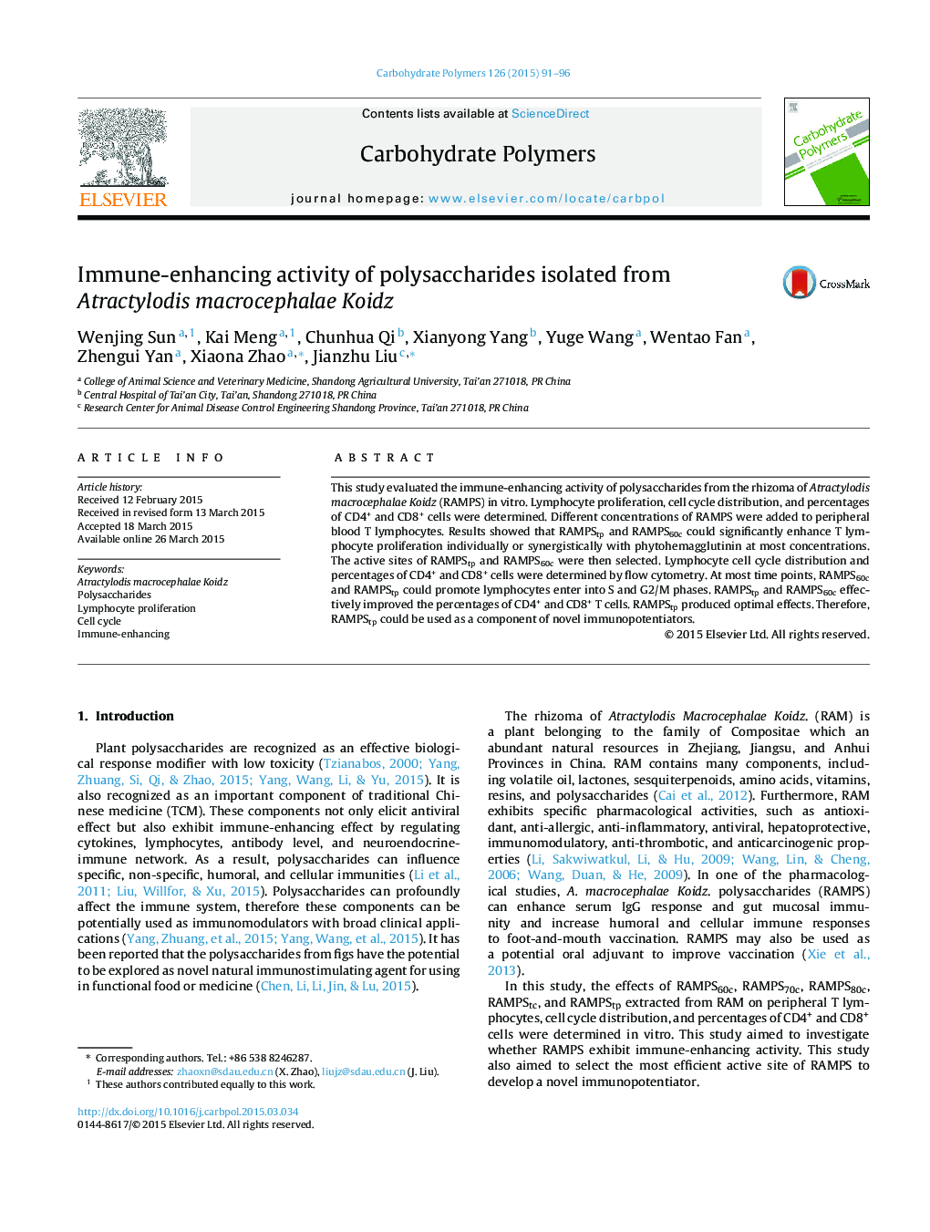 Immune-enhancing activity of polysaccharides isolated from Atractylodis macrocephalae Koidz