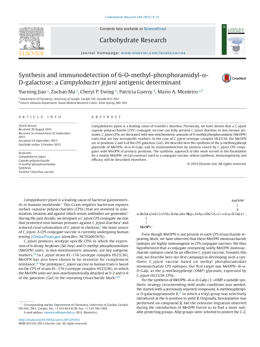 Synthesis and immunodetection of 6-O-methyl-phosphoramidyl-α-D-galactose: a Campylobacter jejuni antigenic determinant