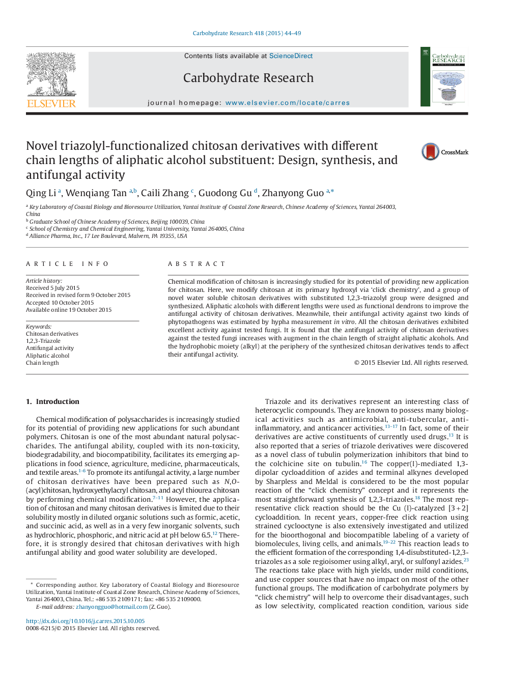 مشتقات کیتوزان ترازولیل کارائی با طول زنجیره های مختلف آلژینات آلژینات: طراحی، سنتز و فعالیت ضد قارچ 