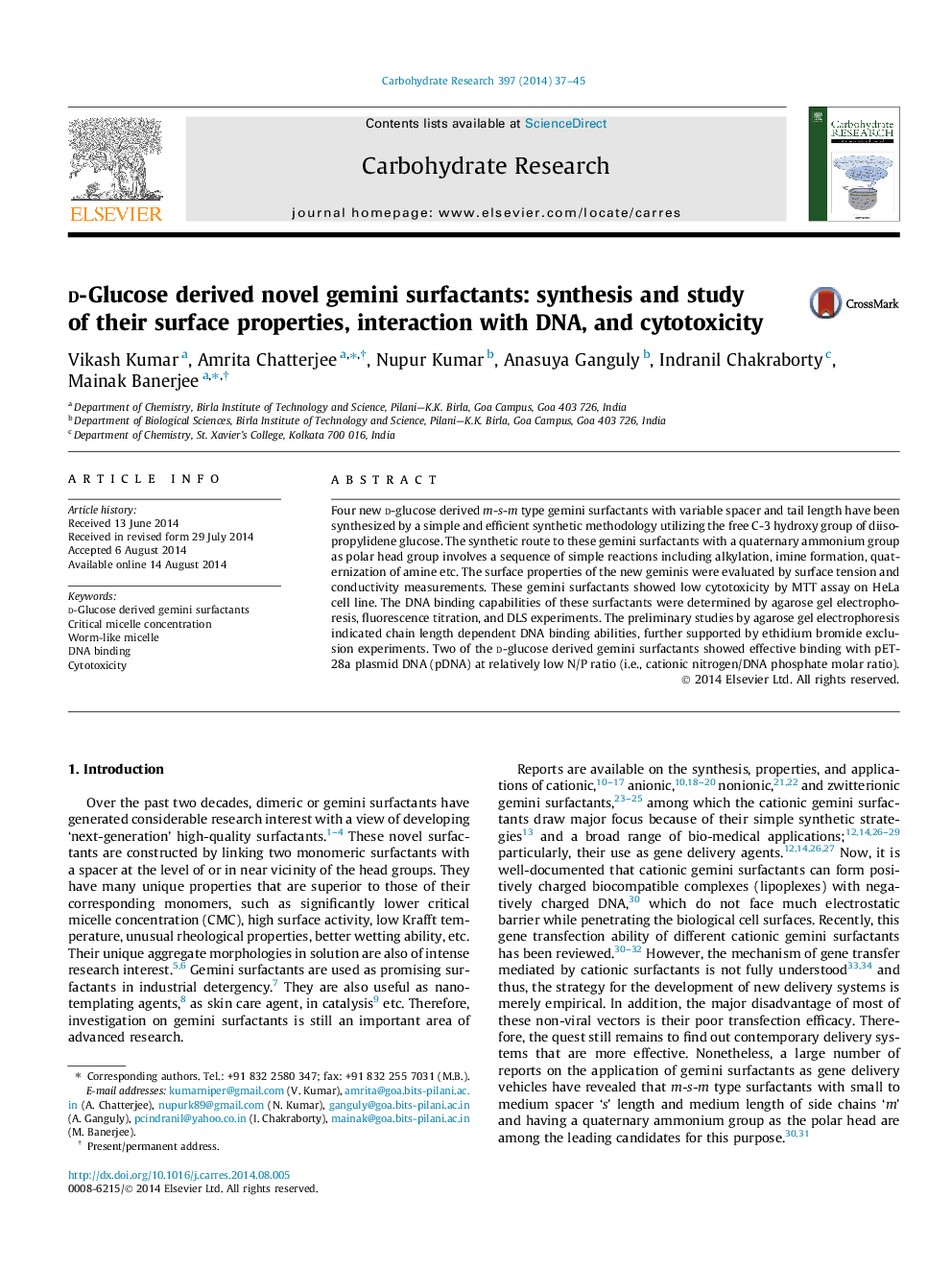 عکس صفحه اول مقاله: d-Glucose derived novel gemini surfactants: synthesis and study of their surface properties, interaction with DNA, and cytotoxicity d-Glucose derived novel gemini surfactants: synthesis and study of their surface properties, interaction with DNA, and cytotoxicity