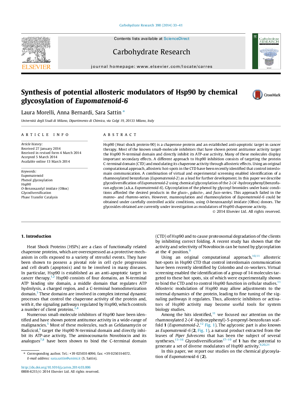 Synthesis of potential allosteric modulators of Hsp90 by chemical glycosylation of Eupomatenoid-6