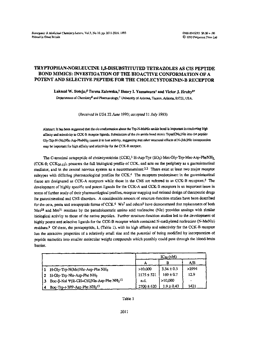 عکس صفحه اول مقاله: Tryptophan-norleucine 1,5-disubstituted tetrazoles as cis peptide bond mimics: Investigation of the bioactive conformation of a potent and selective peptide for the cholecystokinin-B receptor Tryptophan-norleucine 1,5-disubstituted tetrazoles as cis peptide bond mimics: Investigation of the bioactive conformation of a potent and selective peptide for the cholecystokinin-B receptor
