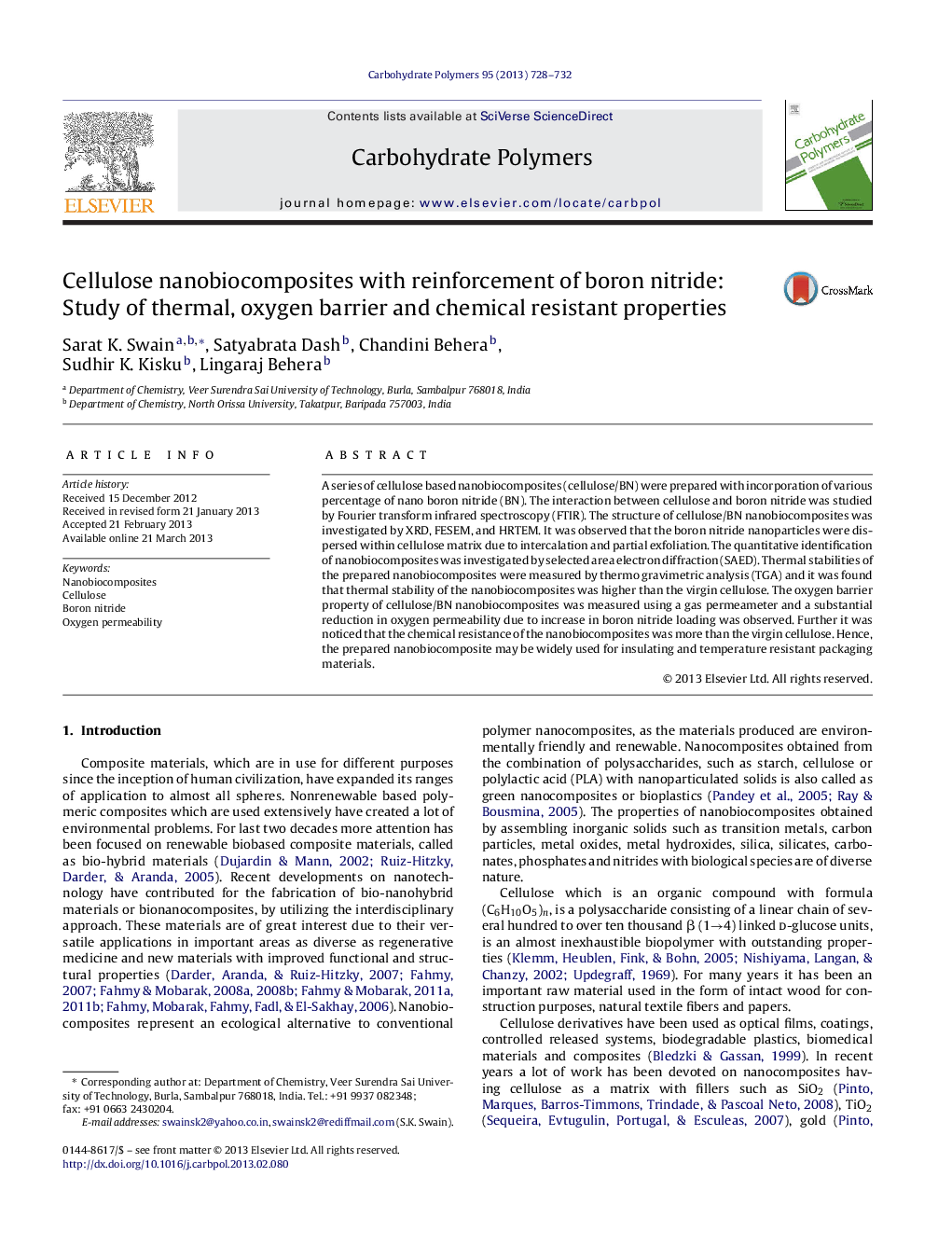 Cellulose nanobiocomposites with reinforcement of boron nitride: Study of thermal, oxygen barrier and chemical resistant properties