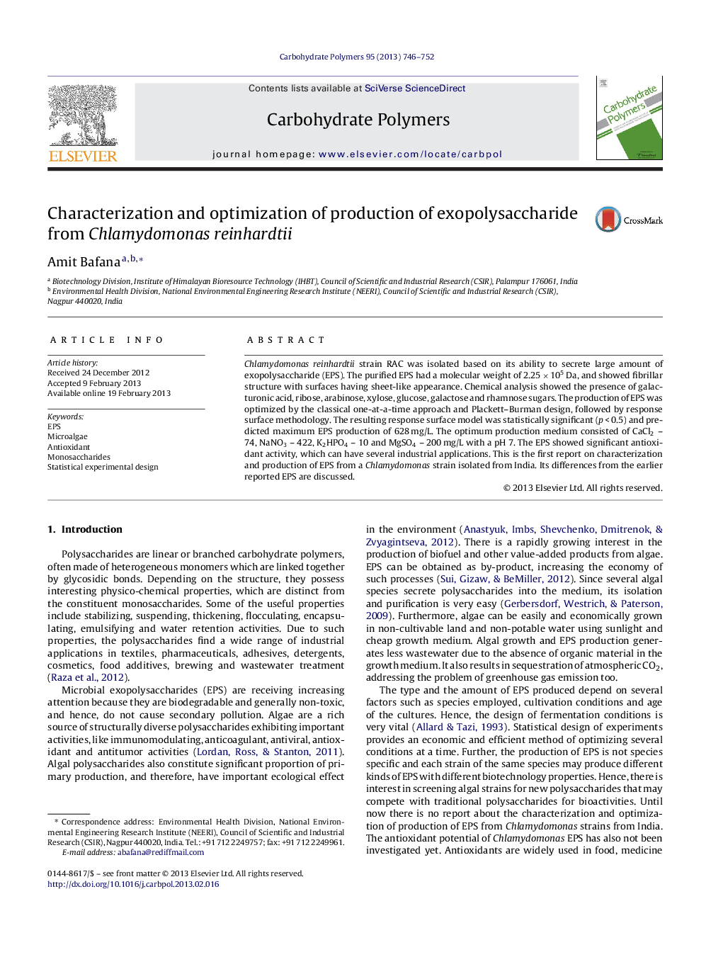 Characterization and optimization of production of exopolysaccharide from Chlamydomonas reinhardtii