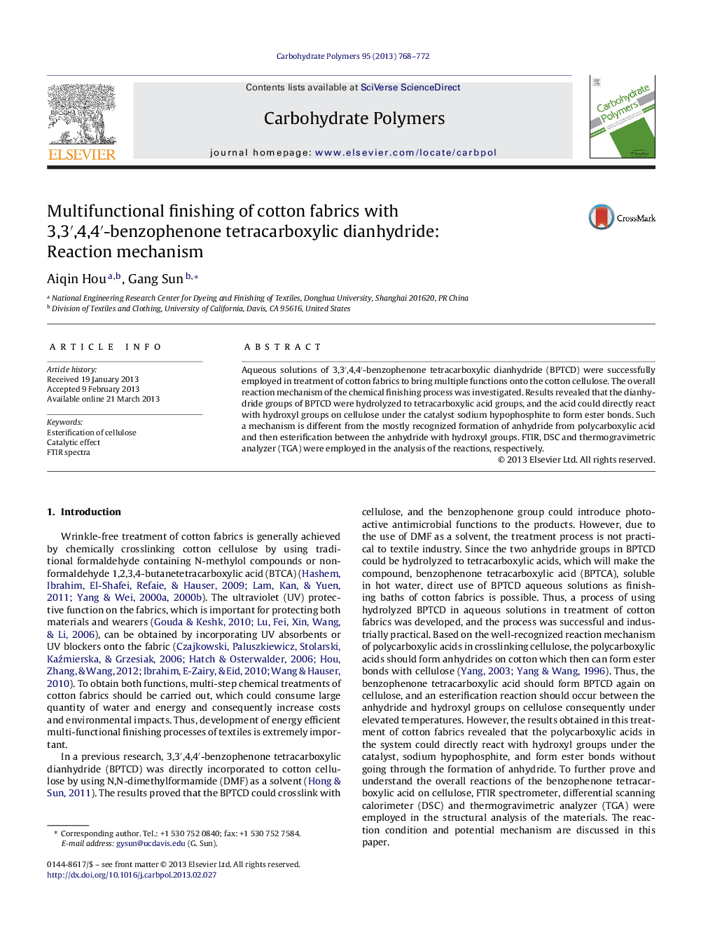 Multifunctional finishing of cotton fabrics with 3,3′,4,4′-benzophenone tetracarboxylic dianhydride: Reaction mechanism