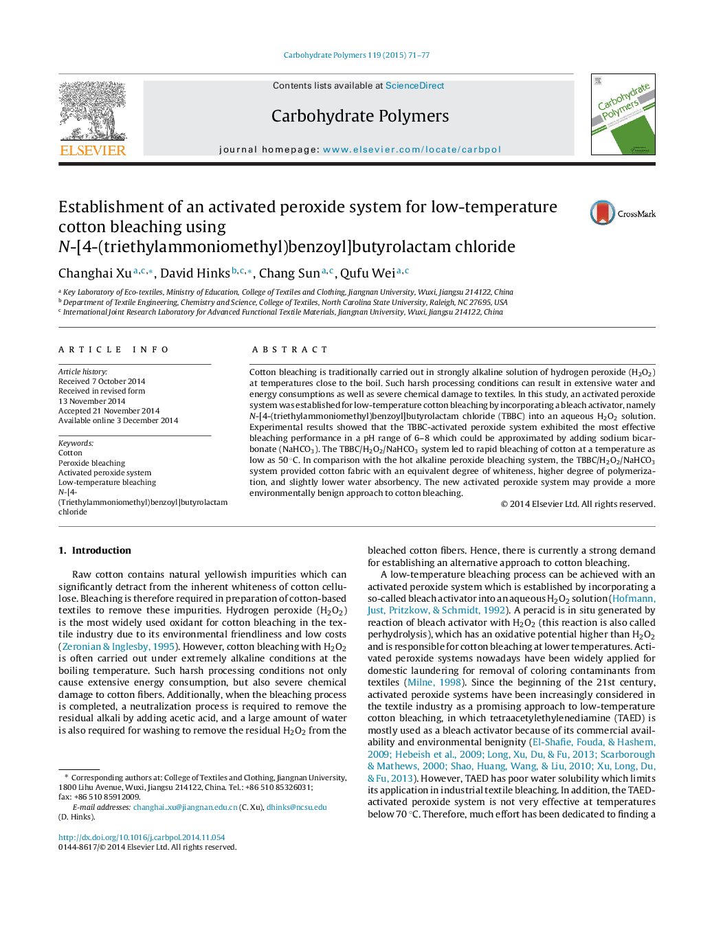 Establishment of an activated peroxide system for low-temperature cotton bleaching using N-[4-(triethylammoniomethyl)benzoyl]butyrolactam chloride