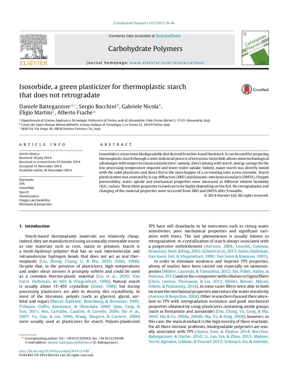 Isosorbide, a green plasticizer for thermoplastic starch that does not retrogradate