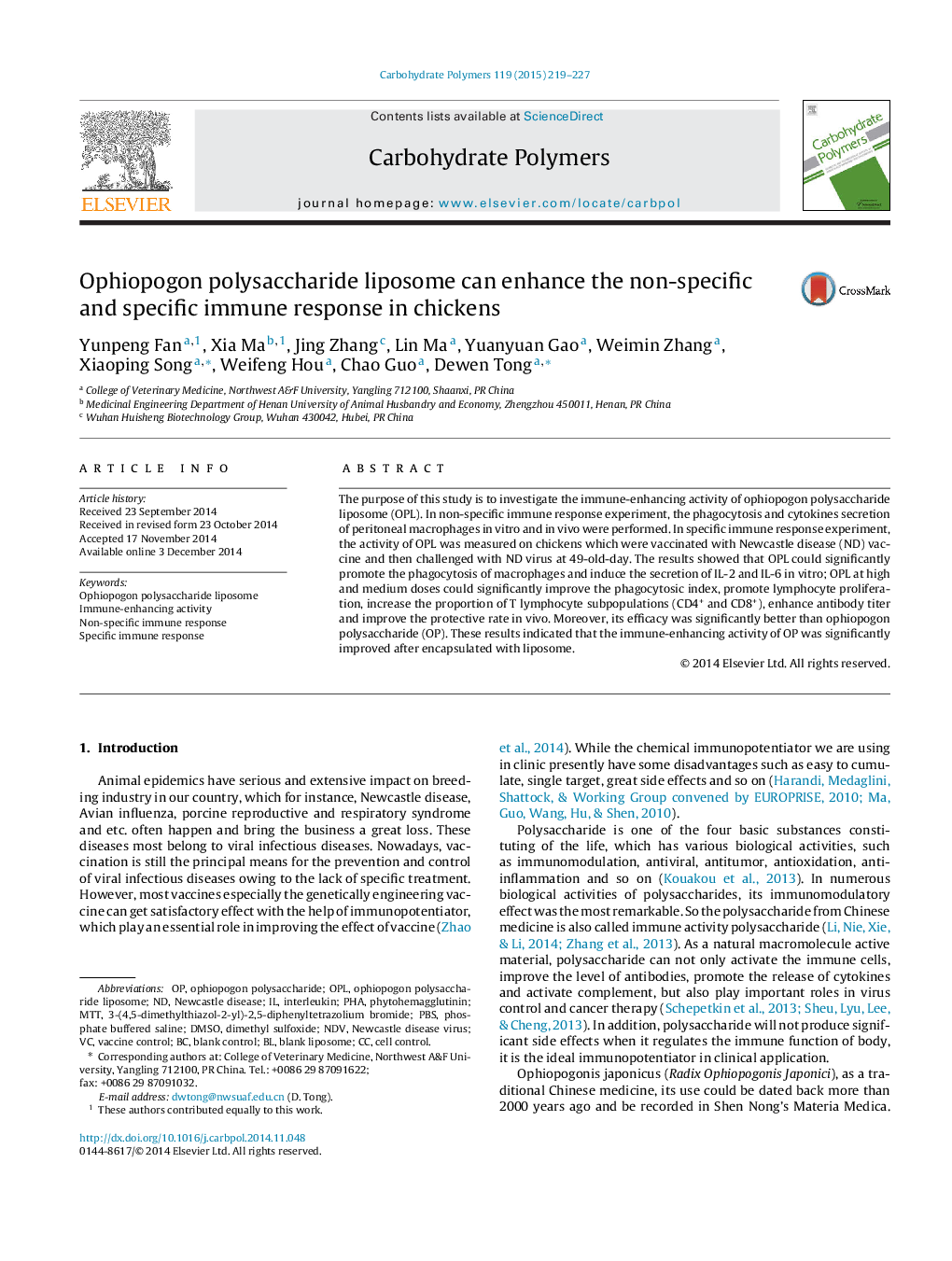 Ophiopogon polysaccharide liposome can enhance the non-specific and specific immune response in chickens