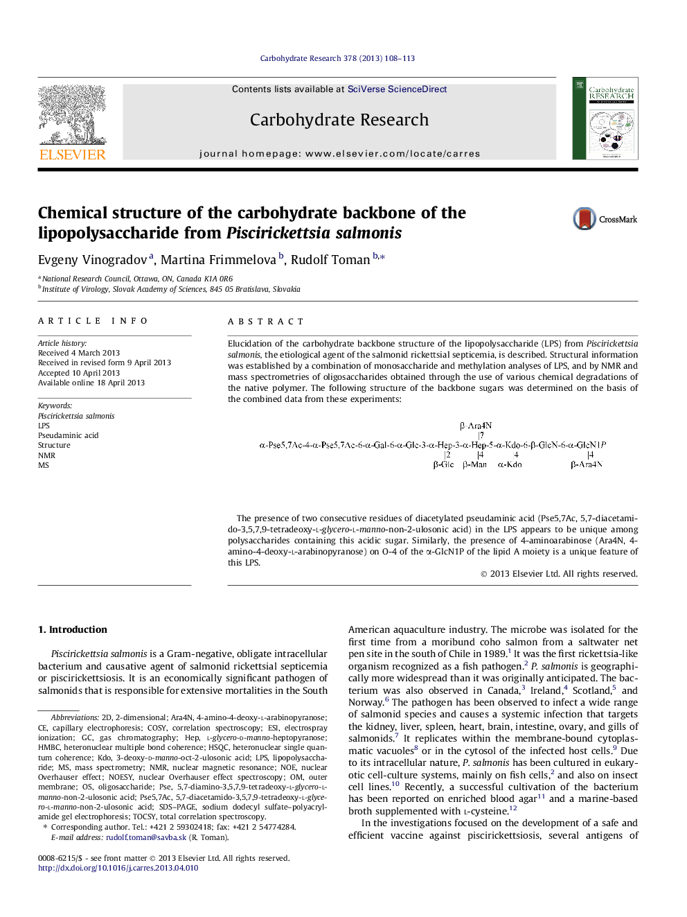 Chemical structure of the carbohydrate backbone of the lipopolysaccharide from Piscirickettsia salmonis