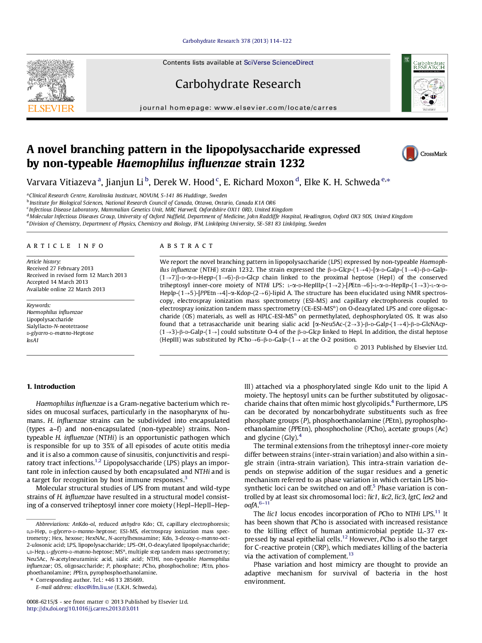 A novel branching pattern in the lipopolysaccharide expressed by non-typeable Haemophilus influenzae strain 1232