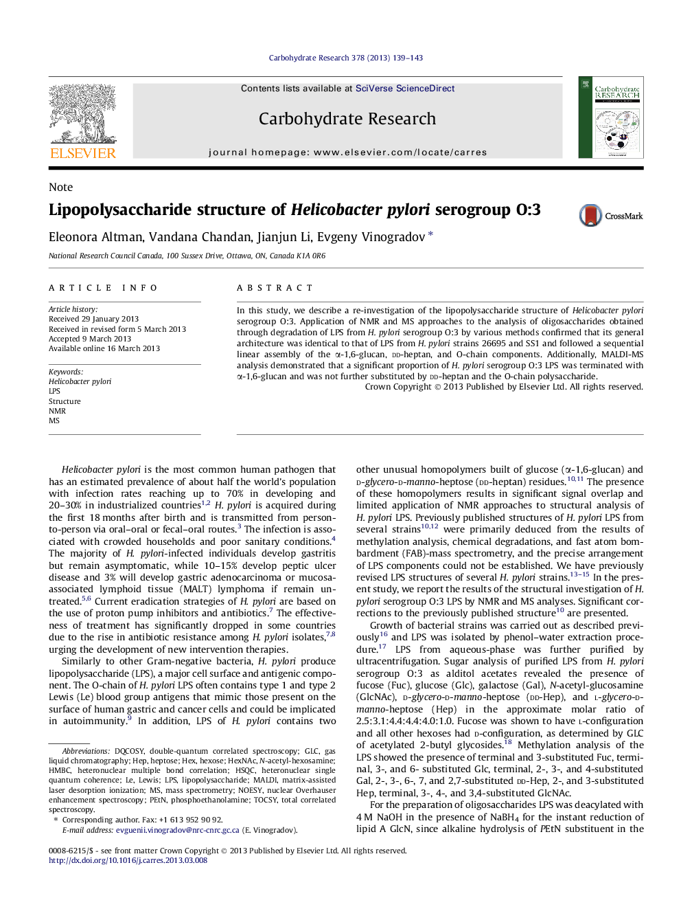 Lipopolysaccharide structure of Helicobacter pylori serogroup O:3