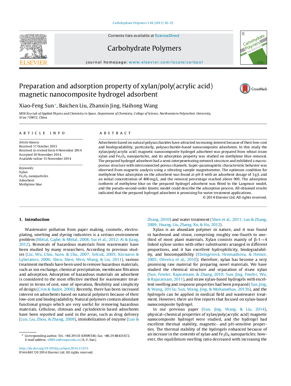 Preparation and adsorption property of xylan/poly(acrylic acid) magnetic nanocomposite hydrogel adsorbent