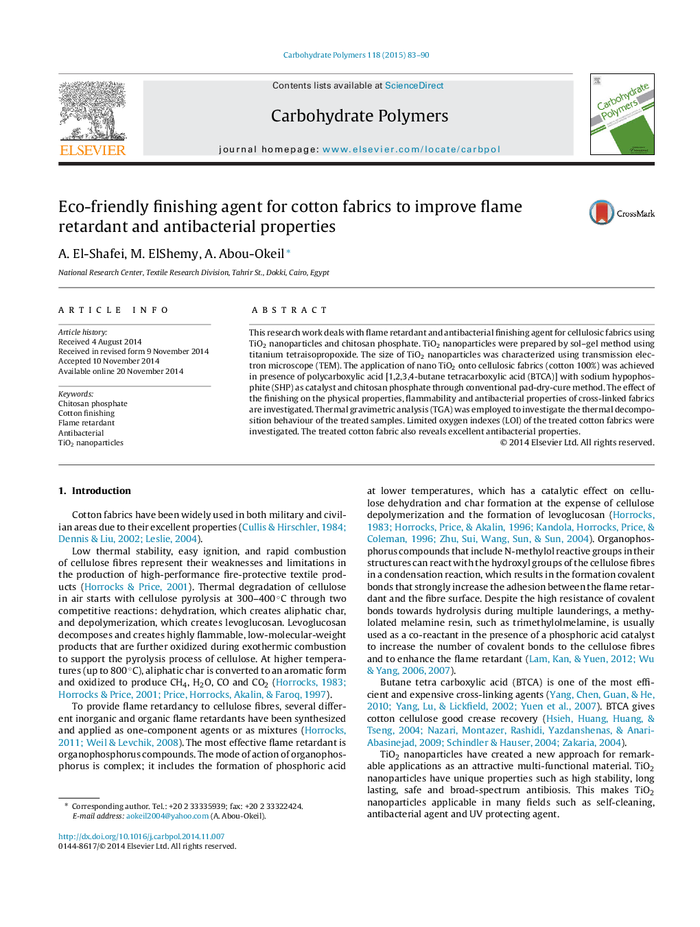 Eco-friendly finishing agent for cotton fabrics to improve flame retardant and antibacterial properties