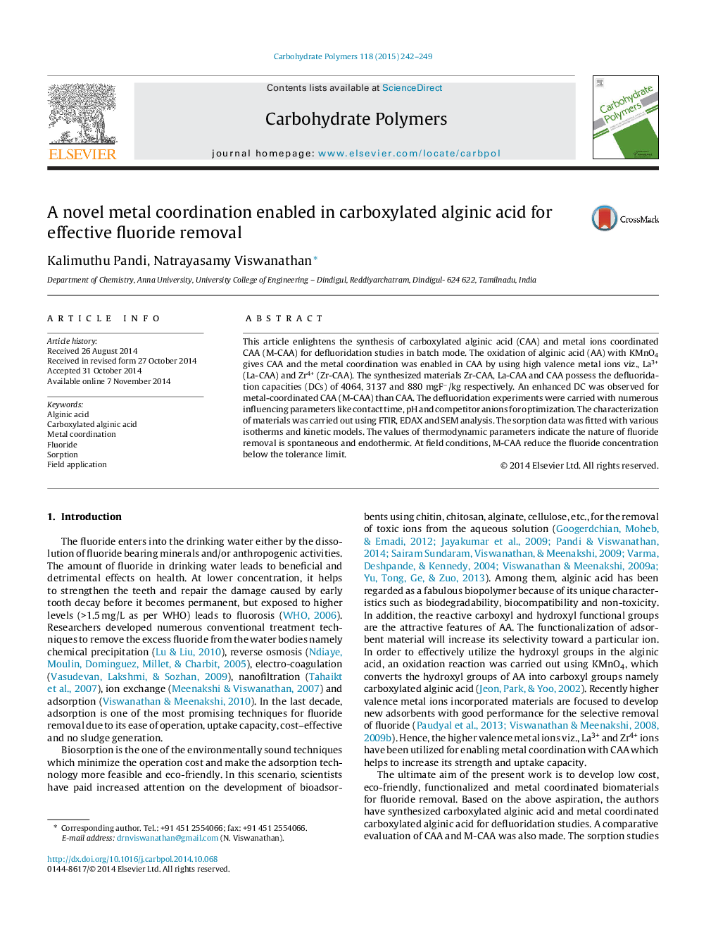 A novel metal coordination enabled in carboxylated alginic acid for effective fluoride removal