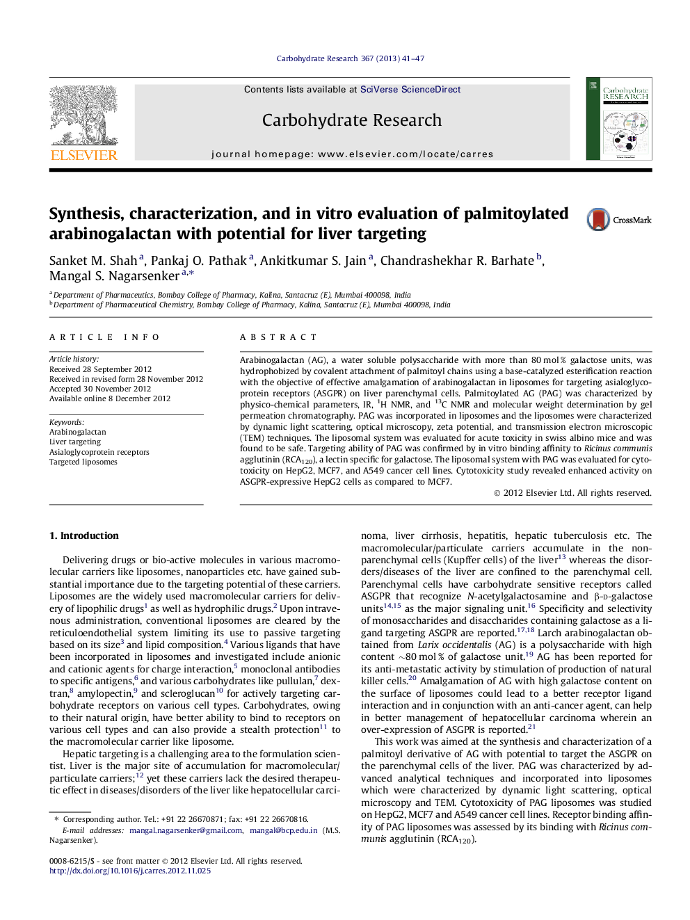 Synthesis, characterization, and in vitro evaluation of palmitoylated arabinogalactan with potential for liver targeting