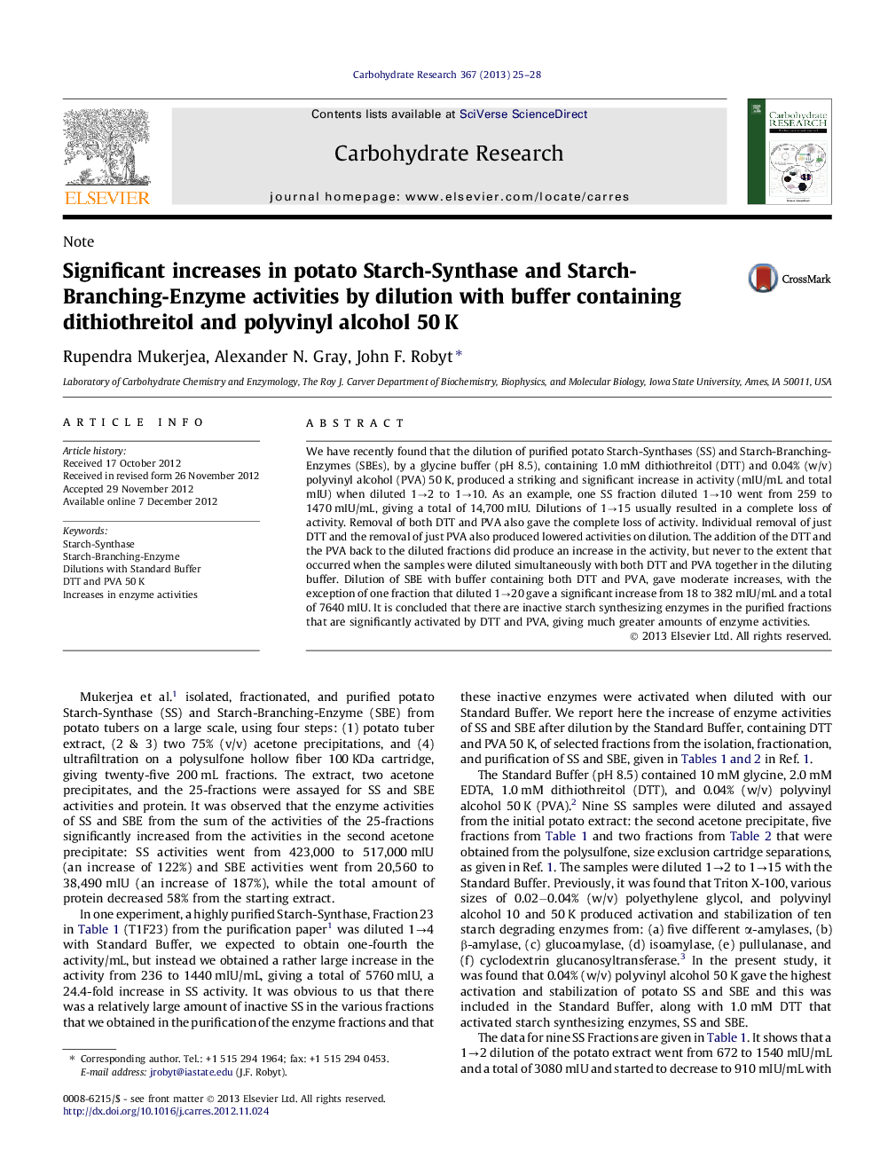 Significant increases in potato Starch-Synthase and Starch-Branching-Enzyme activities by dilution with buffer containing dithiothreitol and polyvinyl alcohol 50 K