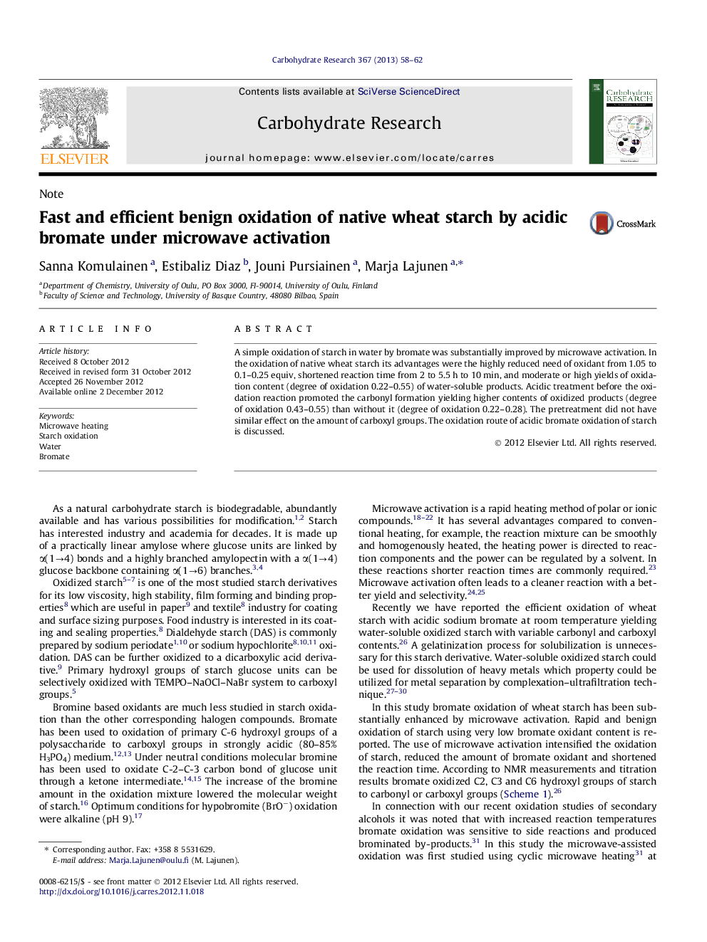 Fast and efficient benign oxidation of native wheat starch by acidic bromate under microwave activation