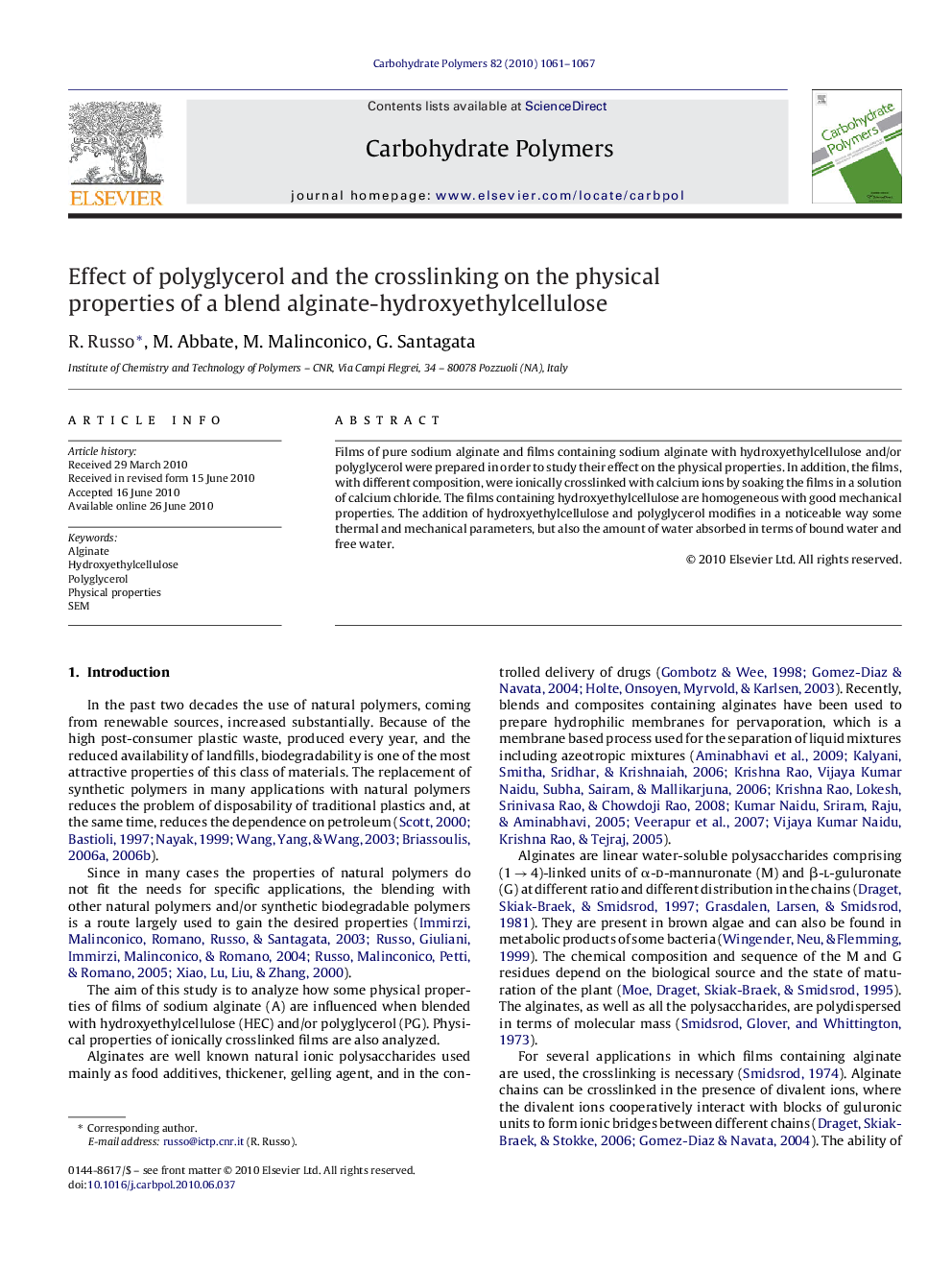 Effect of polyglycerol and the crosslinking on the physical properties of a blend alginate-hydroxyethylcellulose