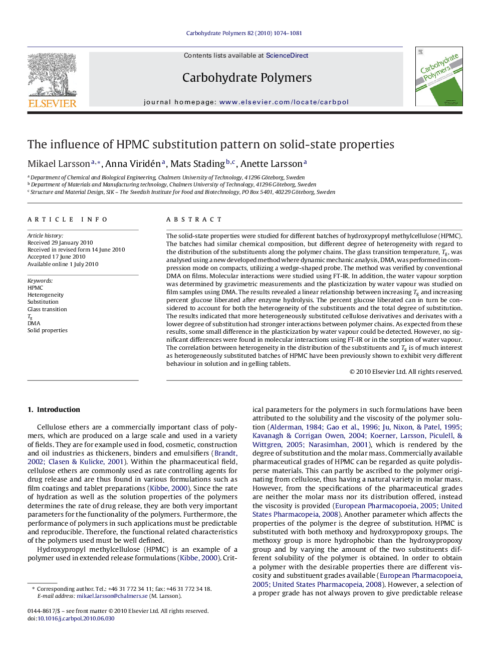 The influence of HPMC substitution pattern on solid-state properties