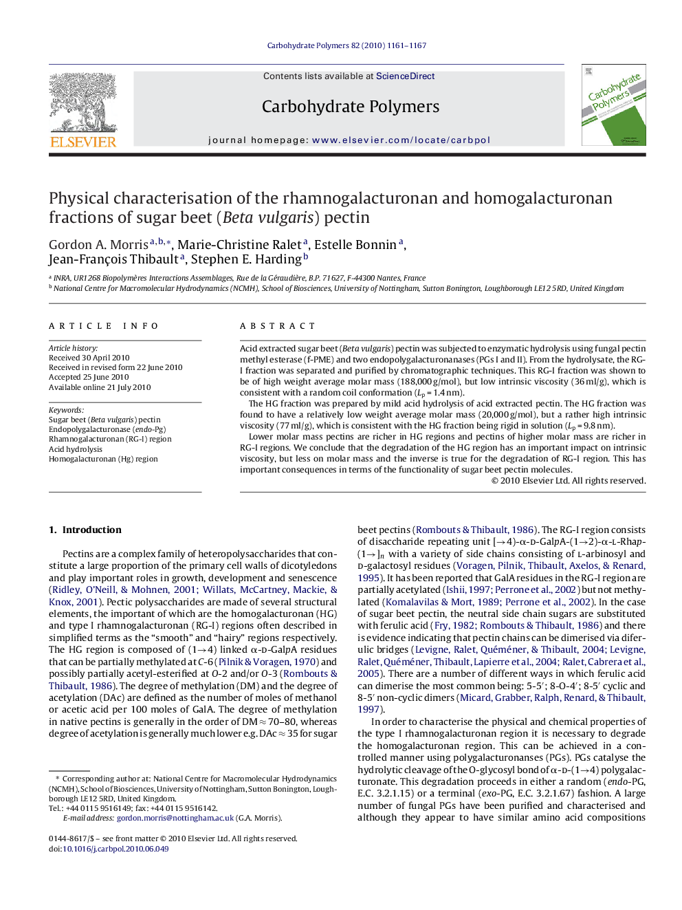 Physical characterisation of the rhamnogalacturonan and homogalacturonan fractions of sugar beet (Beta vulgaris) pectin