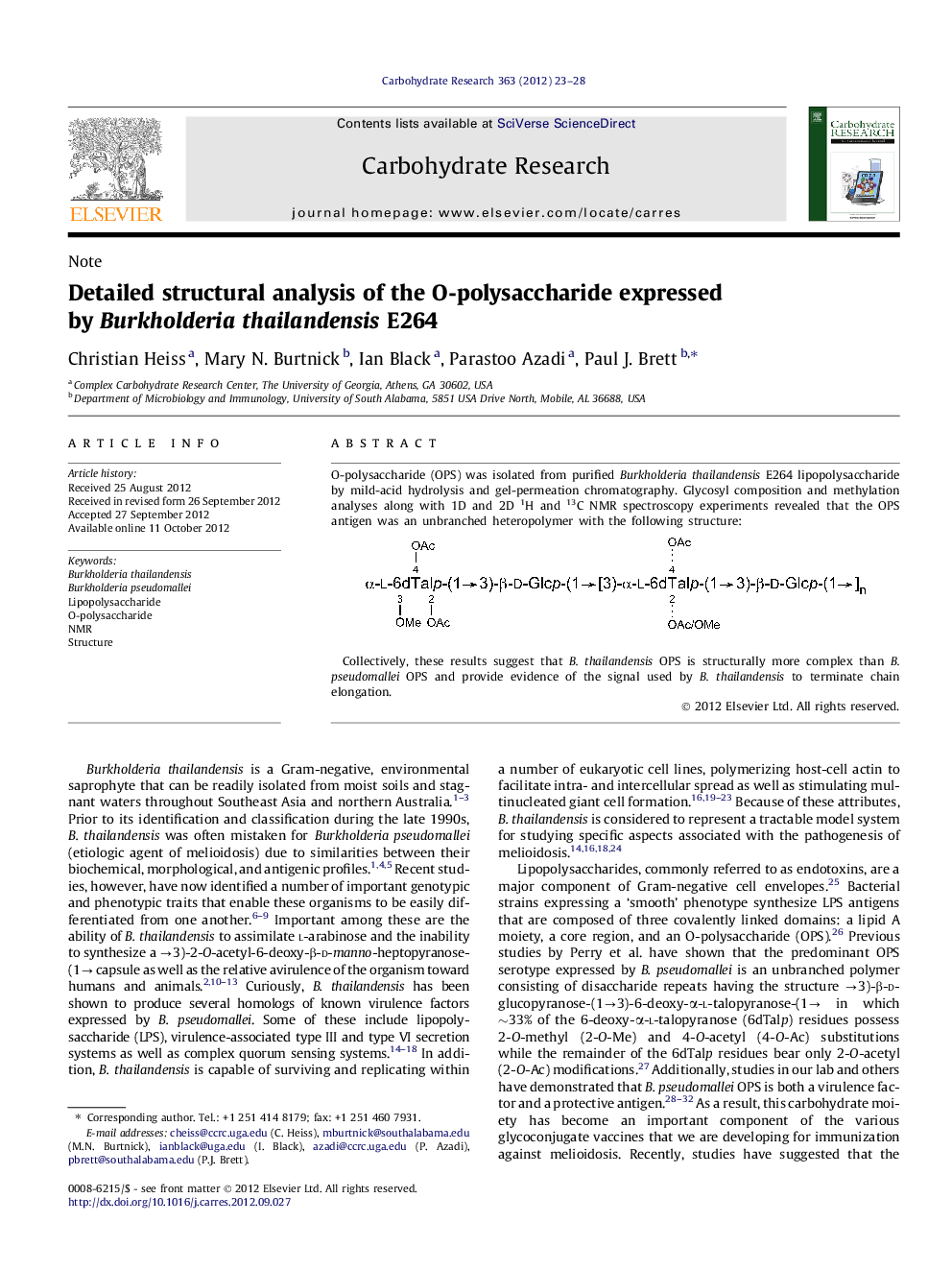 Detailed structural analysis of the O-polysaccharide expressed by Burkholderia thailandensis E264