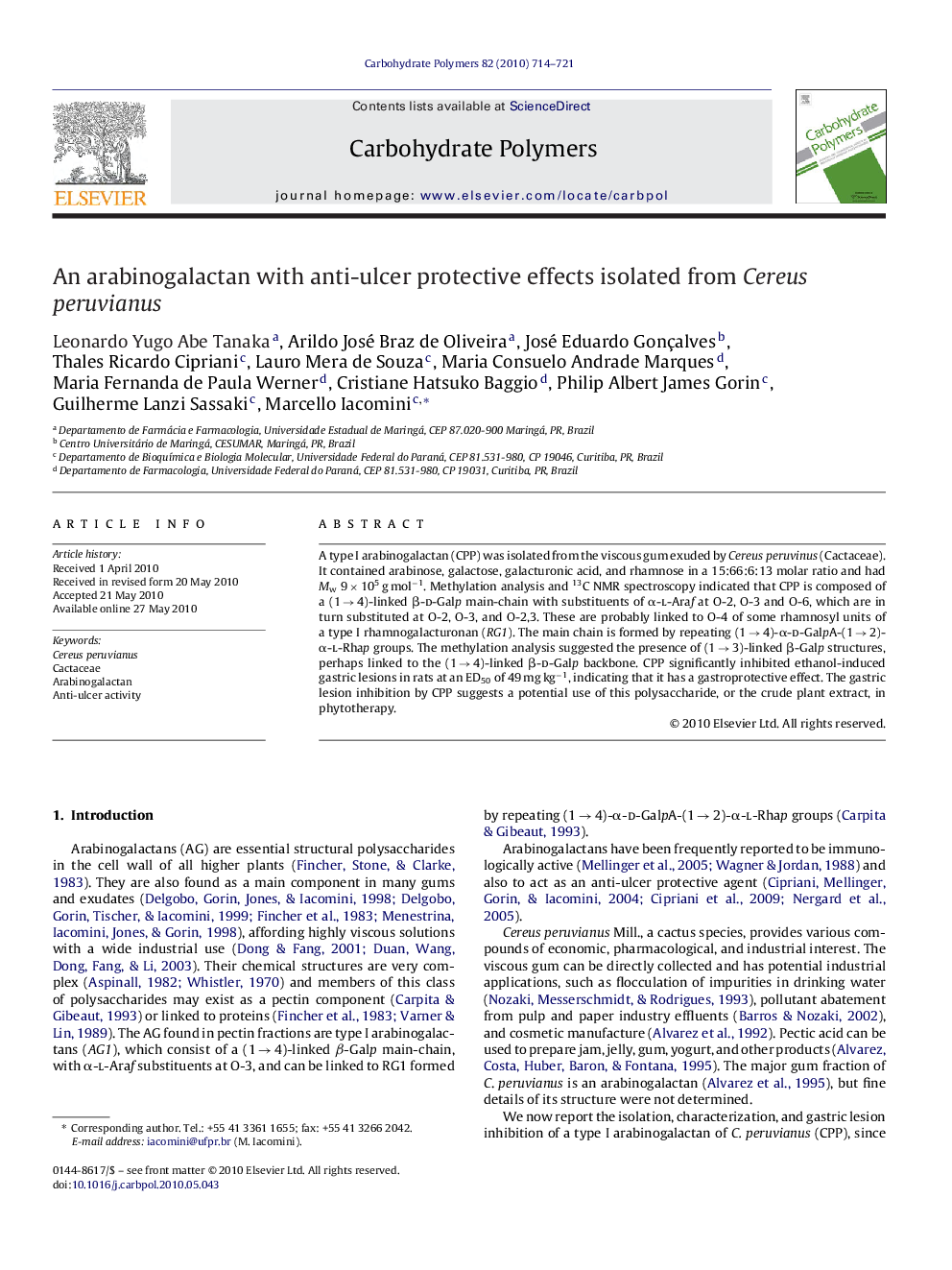 An arabinogalactan with anti-ulcer protective effects isolated from Cereus peruvianus