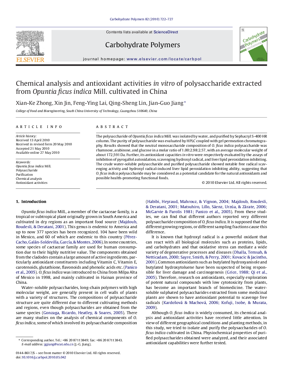 Chemical analysis and antioxidant activities in vitro of polysaccharide extracted from Opuntia ficus indica Mill. cultivated in China