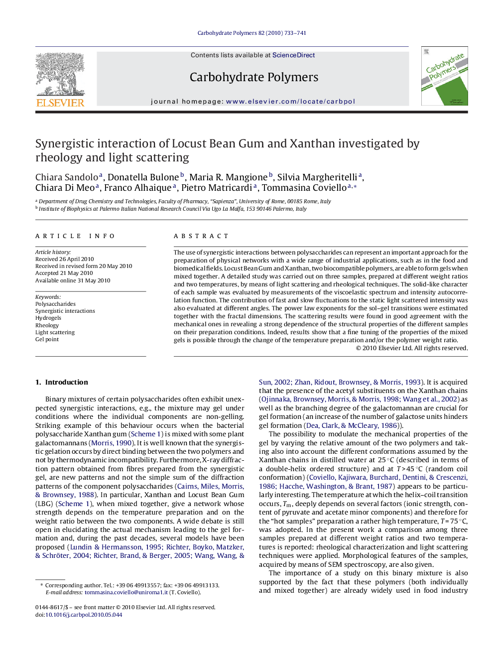 Synergistic interaction of Locust Bean Gum and Xanthan investigated by rheology and light scattering