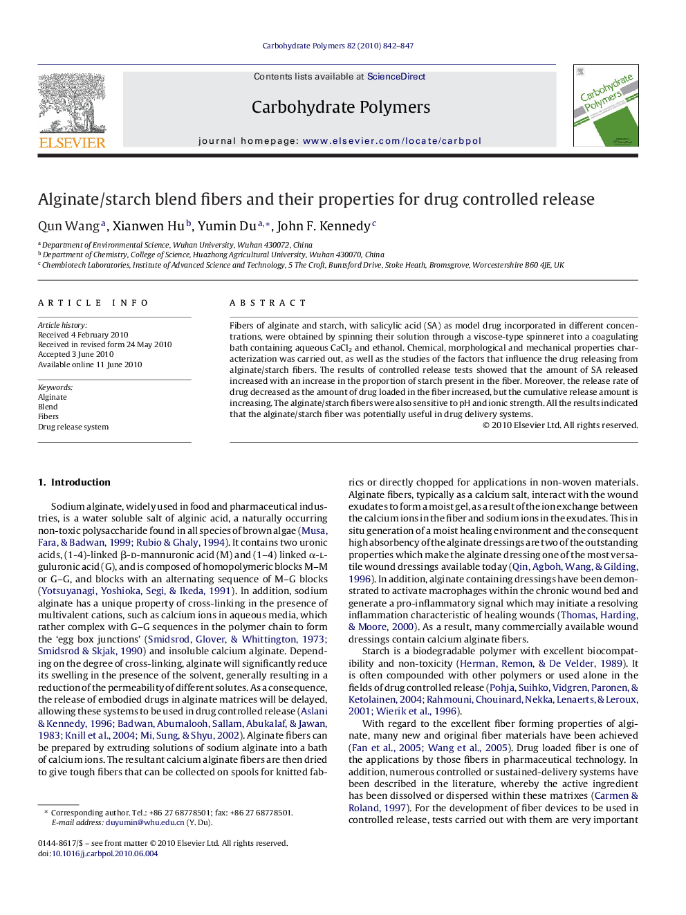 Alginate/starch blend fibers and their properties for drug controlled release