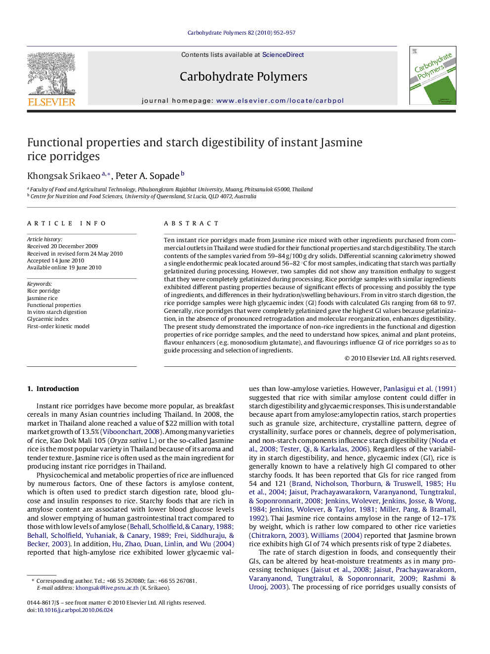 عکس صفحه اول مقاله: Functional properties and starch digestibility of instant Jasmine rice porridges Functional properties and starch digestibility of instant Jasmine rice porridges