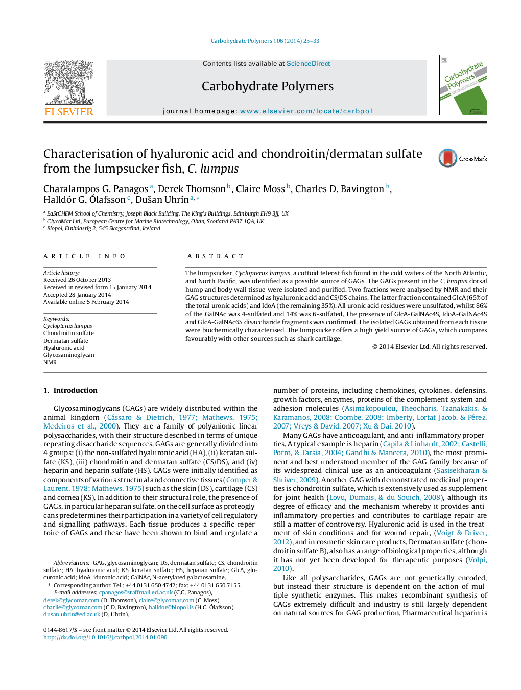 Characterisation of hyaluronic acid and chondroitin/dermatan sulfate from the lumpsucker fish, C. lumpus