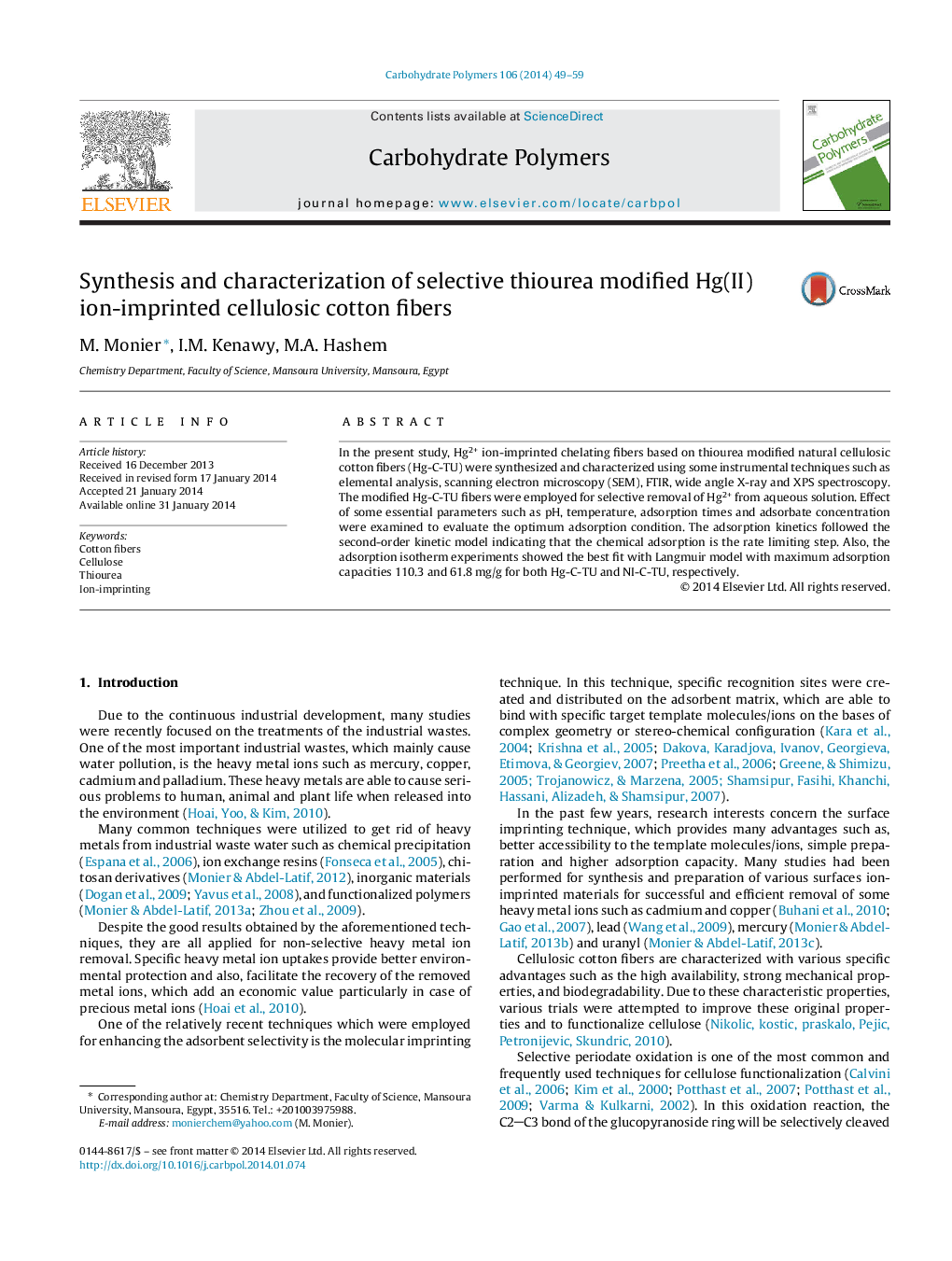 Synthesis and characterization of selective thiourea modified Hg(II) ion-imprinted cellulosic cotton fibers