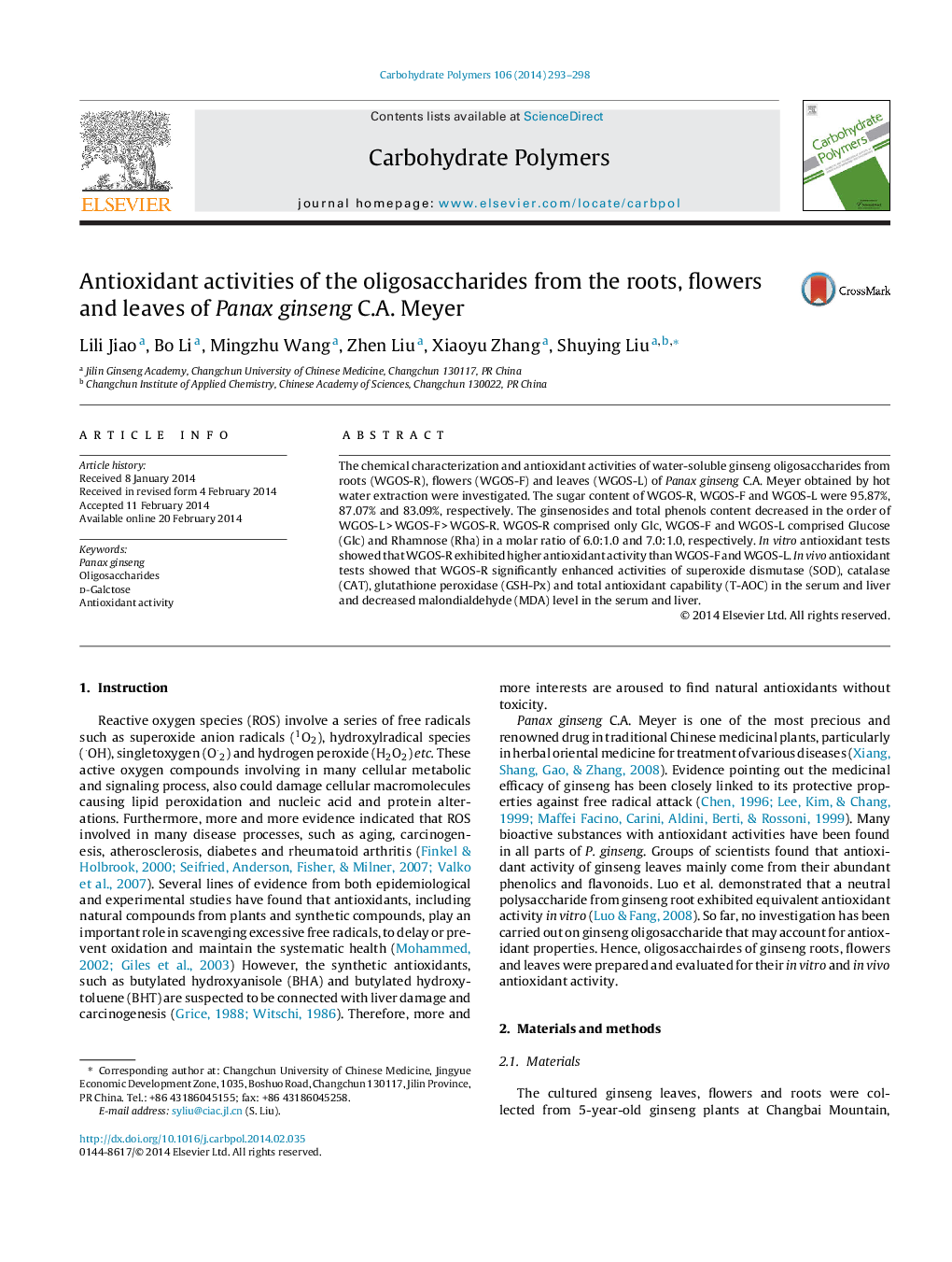 Antioxidant activities of the oligosaccharides from the roots, flowers and leaves of Panax ginseng C.A. Meyer