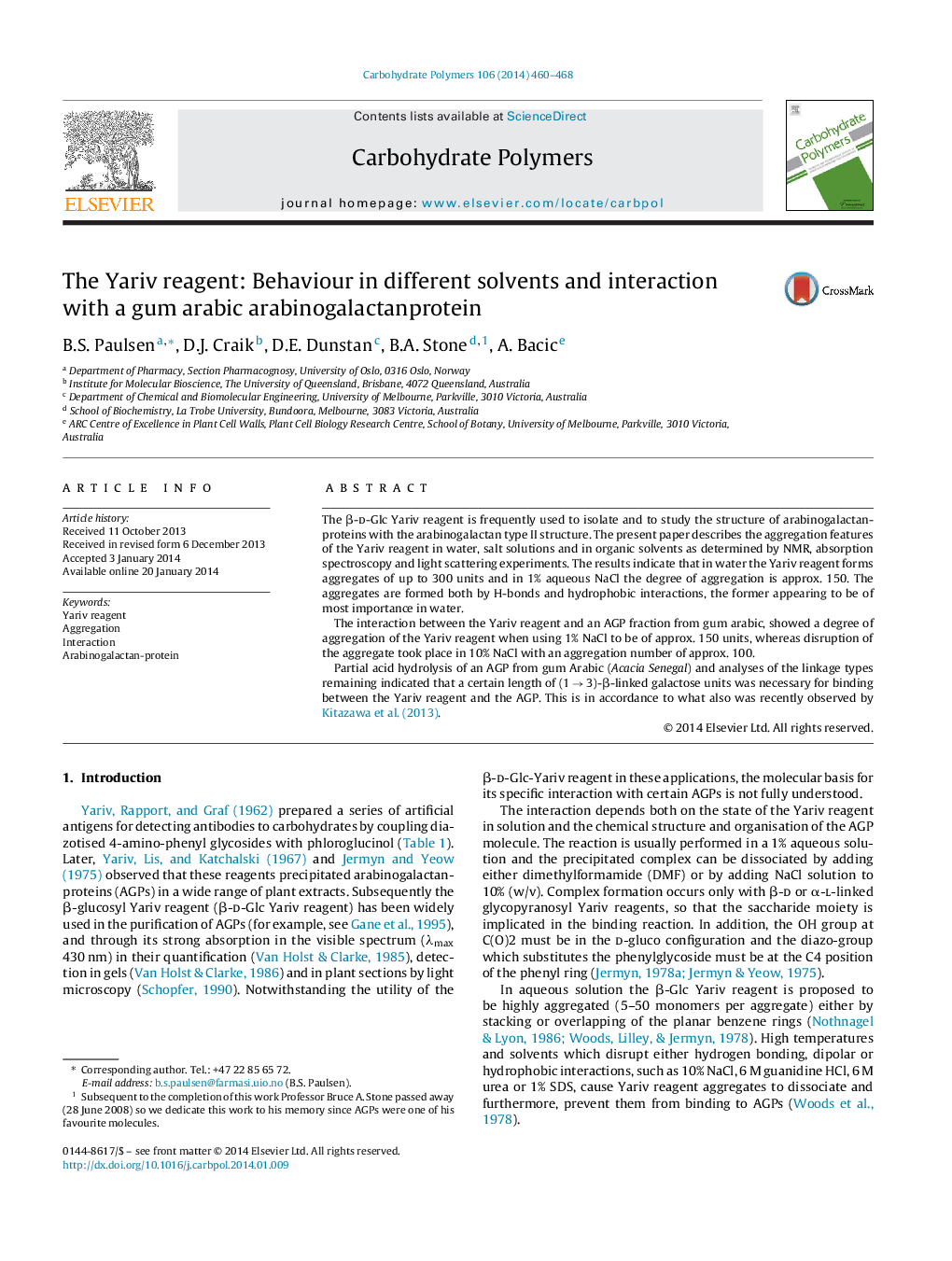 The Yariv reagent: Behaviour in different solvents and interaction with a gum arabic arabinogalactanprotein