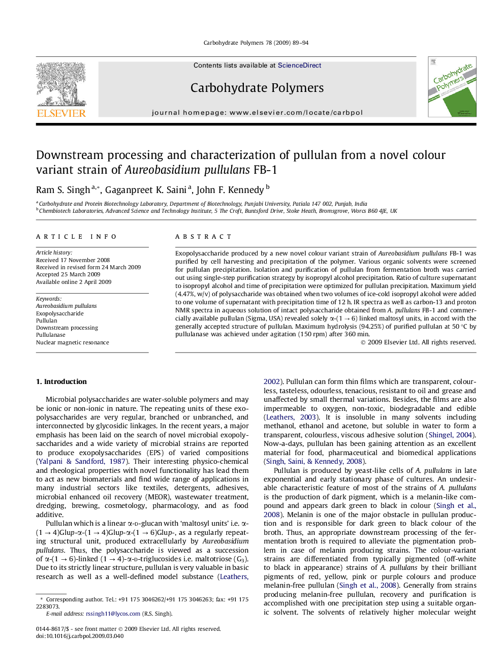 Downstream processing and characterization of pullulan from a novel colour variant strain of Aureobasidium pullulans FB-1