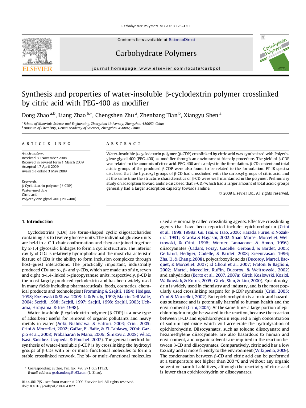 Synthesis and properties of water-insoluble β-cyclodextrin polymer crosslinked by citric acid with PEG-400 as modifier