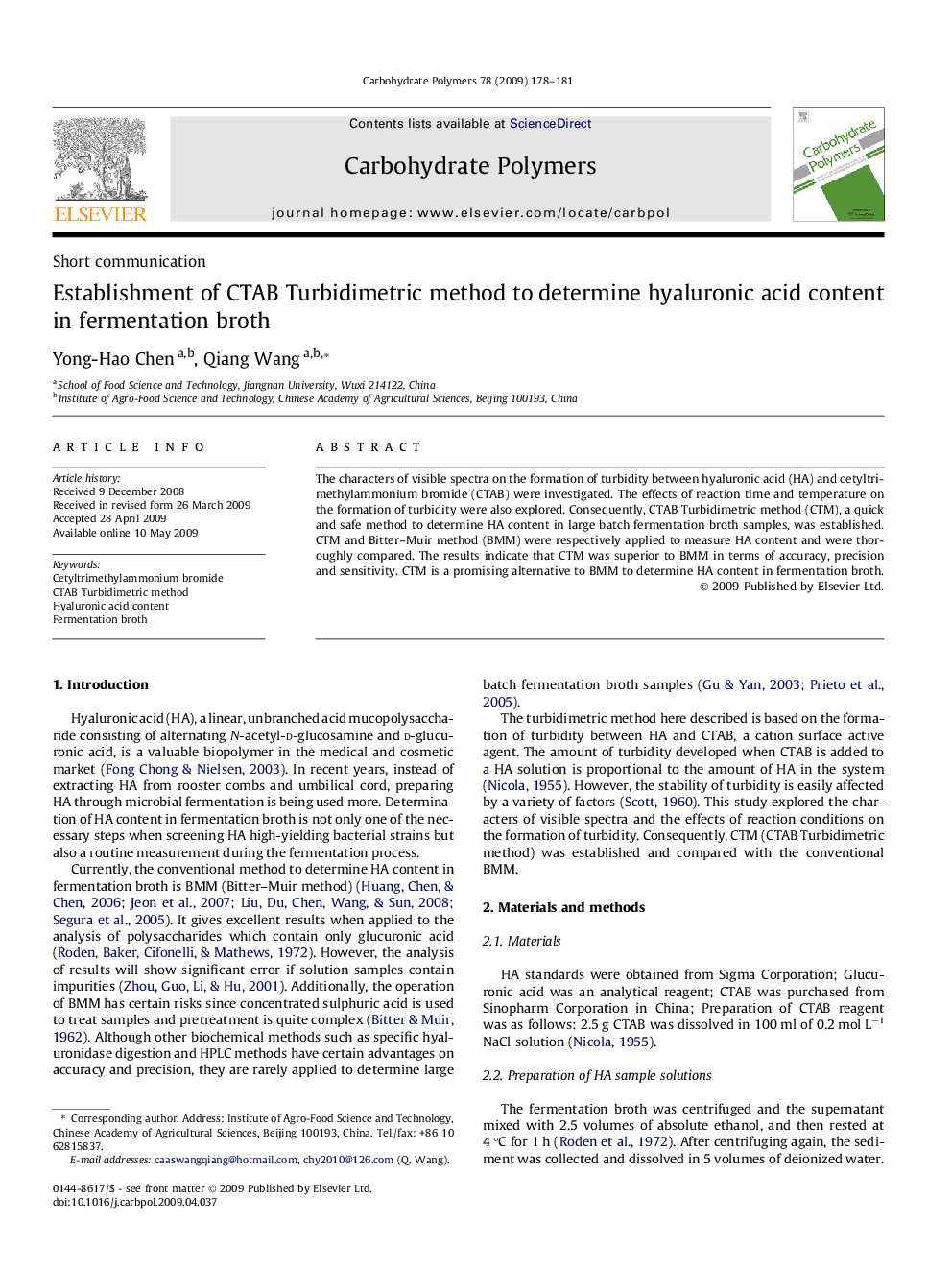 Establishment of CTAB Turbidimetric method to determine hyaluronic acid content in fermentation broth