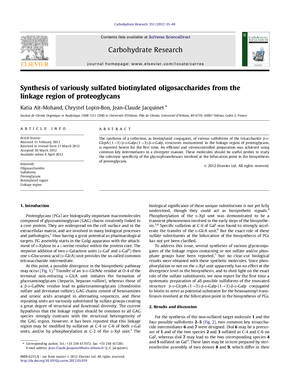 Synthesis of variously sulfated biotinylated oligosaccharides from the linkage region of proteoglycans