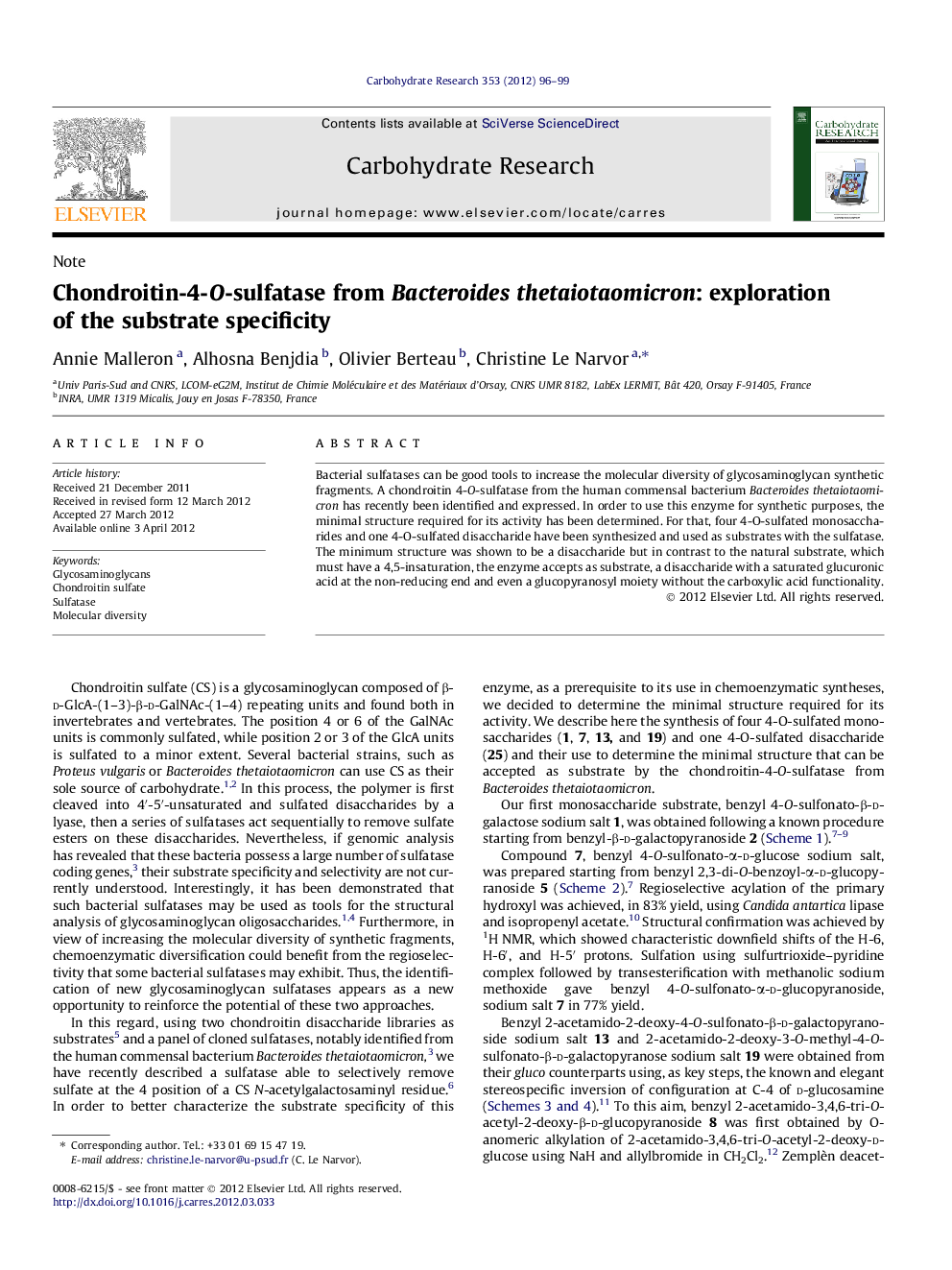 Chondroitin-4-O-sulfatase from Bacteroides thetaiotaomicron: exploration of the substrate specificity