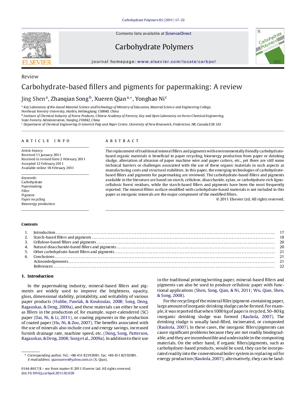 Carbohydrate-based fillers and pigments for papermaking: A review