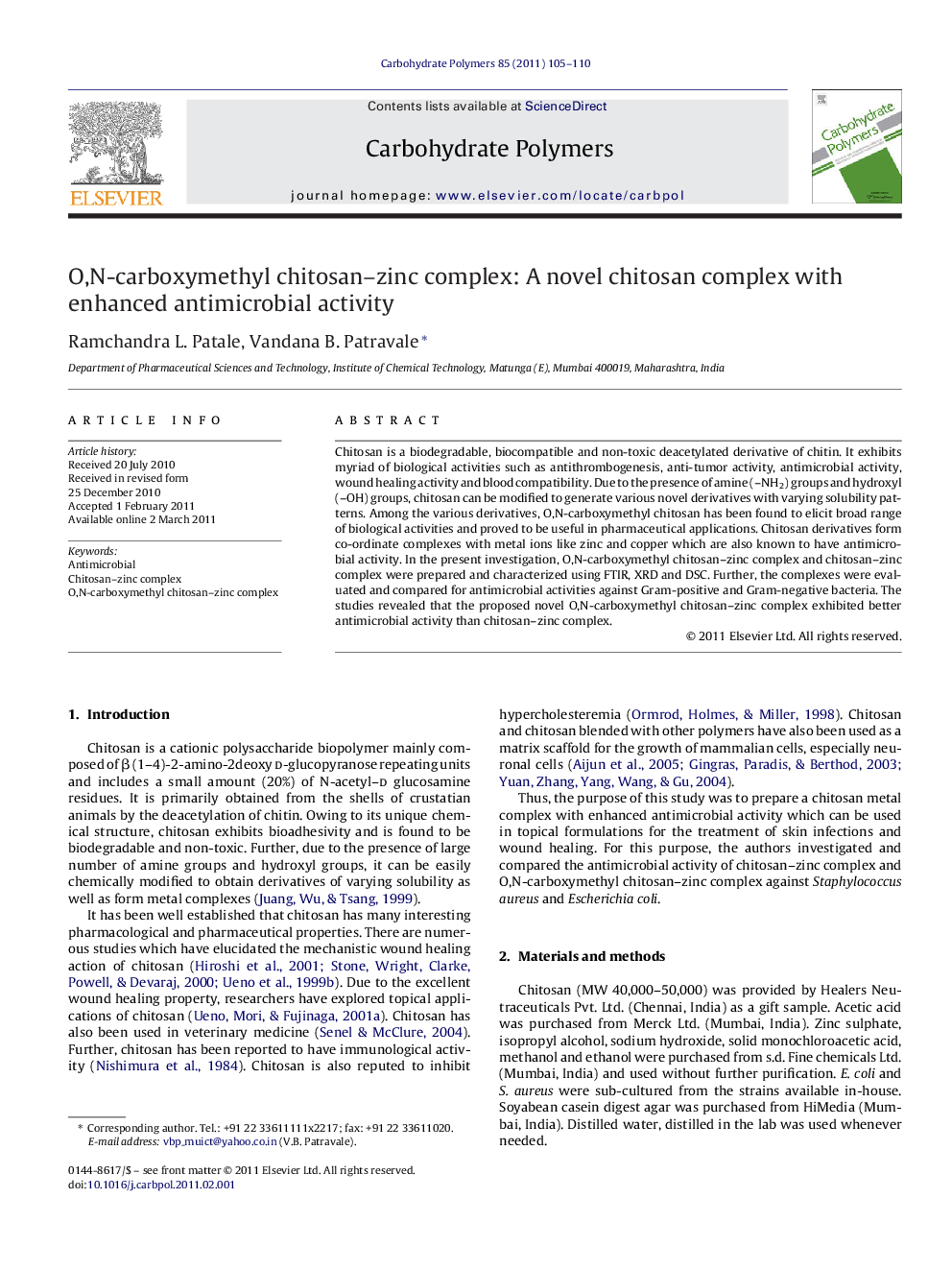 O,N-carboxymethyl chitosan–zinc complex: A novel chitosan complex with enhanced antimicrobial activity