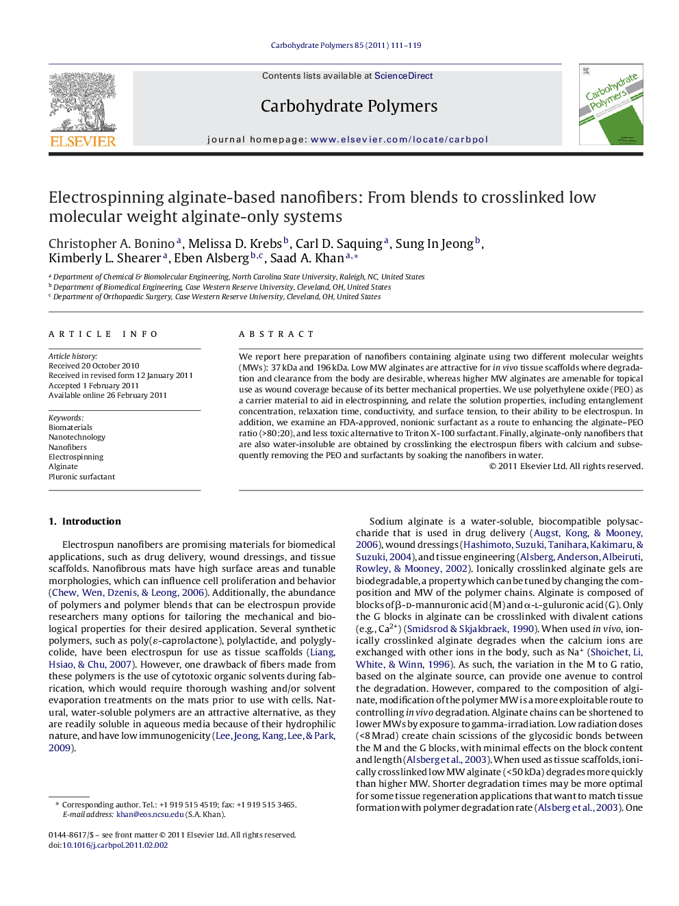 Electrospinning alginate-based nanofibers: From blends to crosslinked low molecular weight alginate-only systems