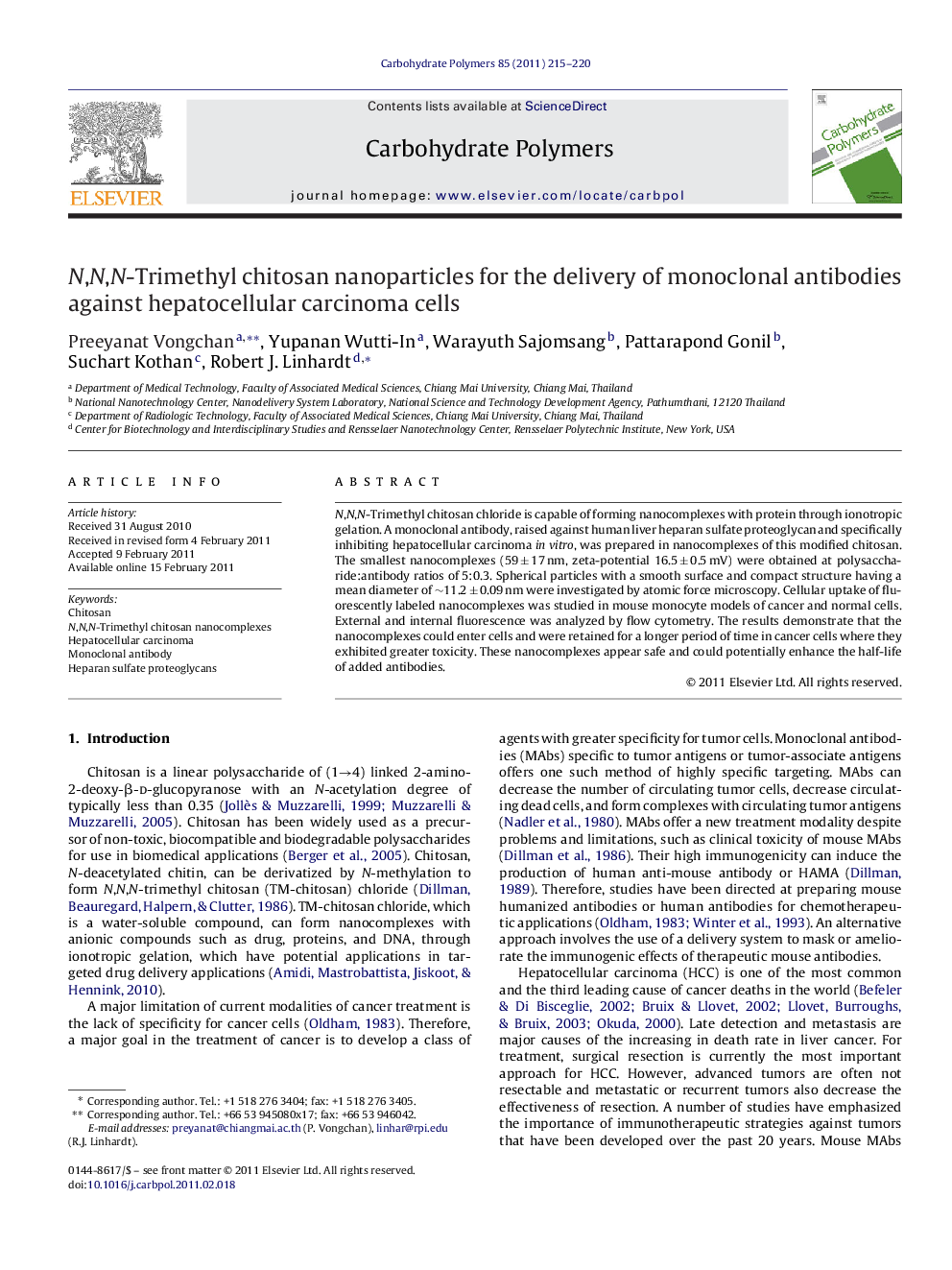 N,N,N-Trimethyl chitosan nanoparticles for the delivery of monoclonal antibodies against hepatocellular carcinoma cells