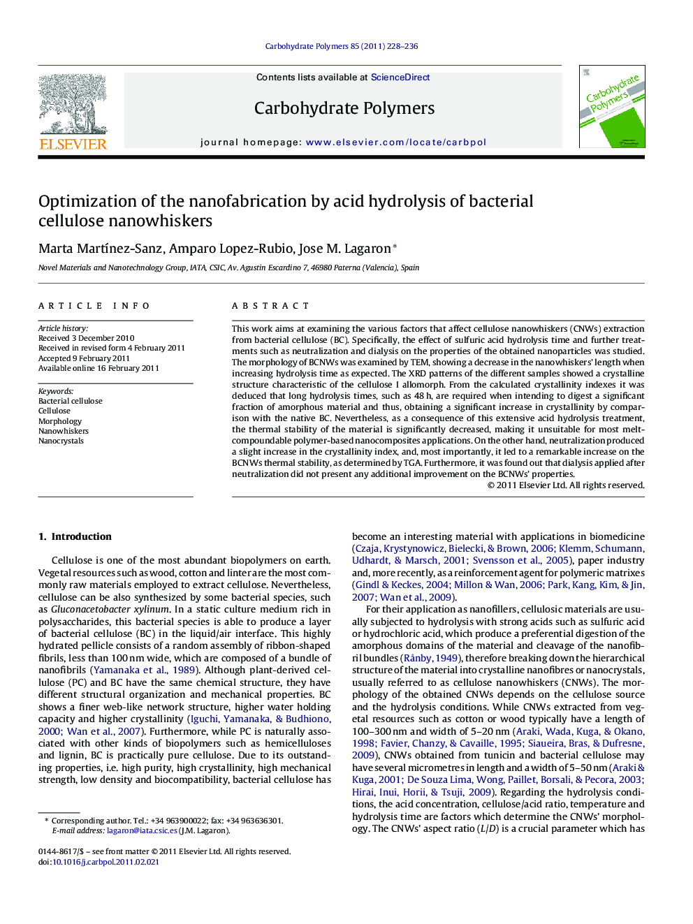 Optimization of the nanofabrication by acid hydrolysis of bacterial cellulose nanowhiskers