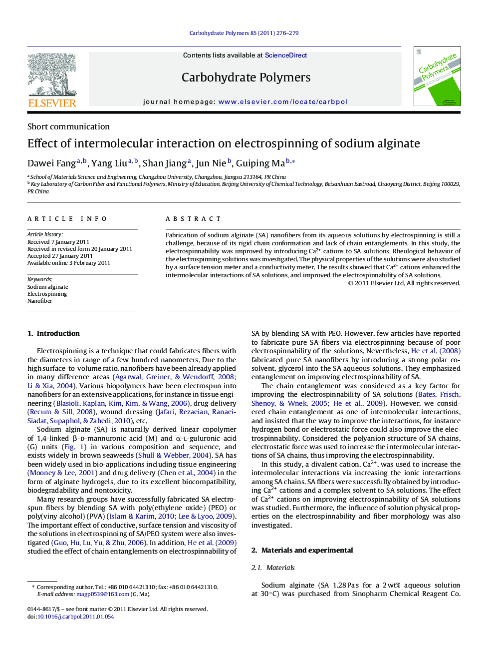 Effect of intermolecular interaction on electrospinning of sodium alginate