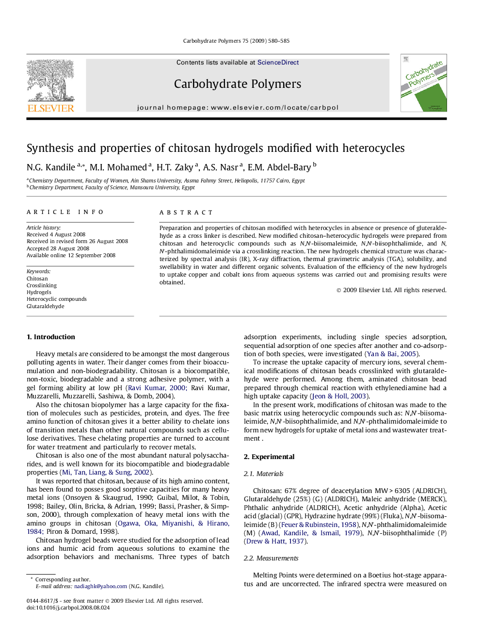 Synthesis and properties of chitosan hydrogels modified with heterocycles