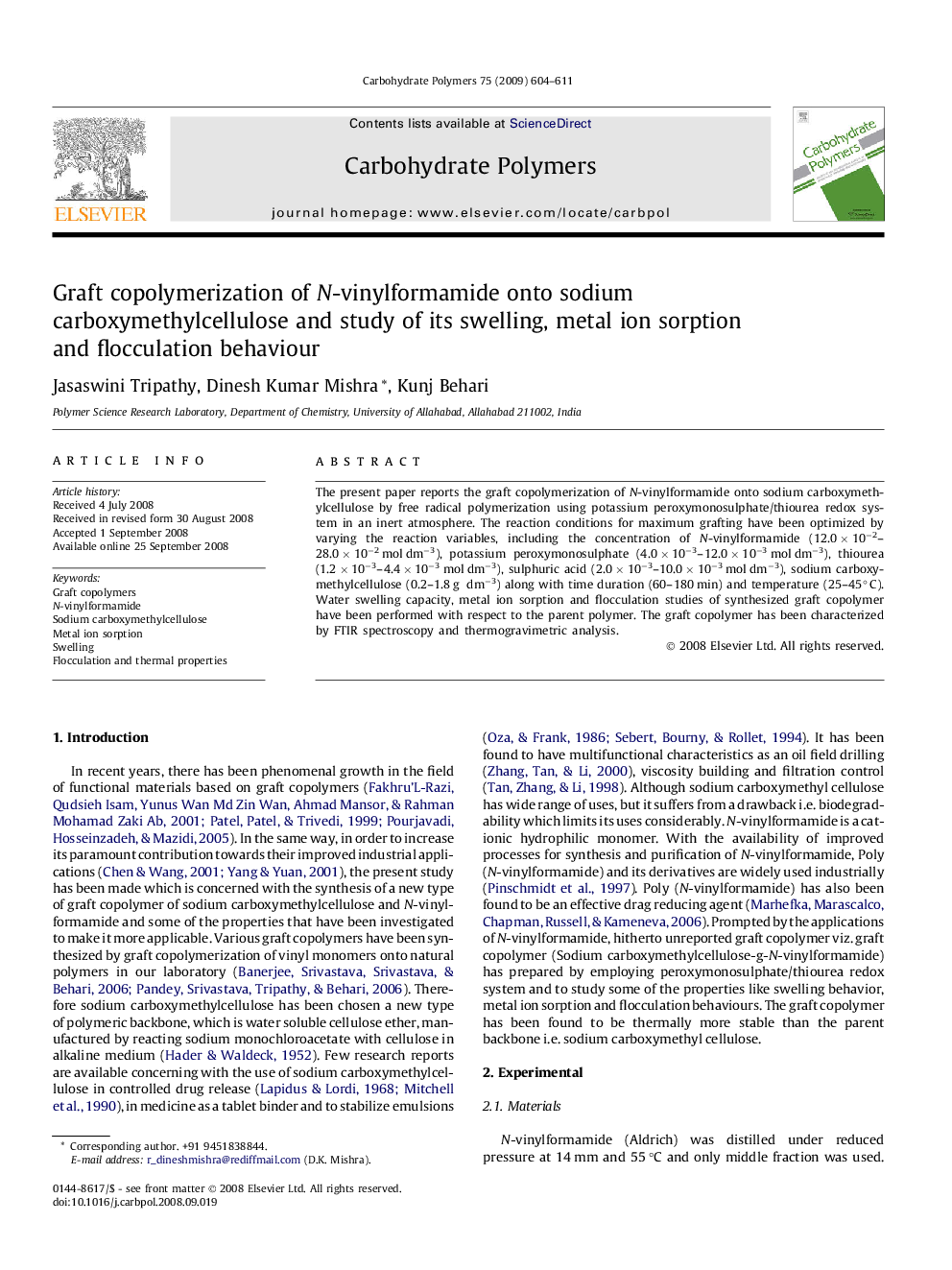 Graft copolymerization of N-vinylformamide onto sodium carboxymethylcellulose and study of its swelling, metal ion sorption and flocculation behaviour