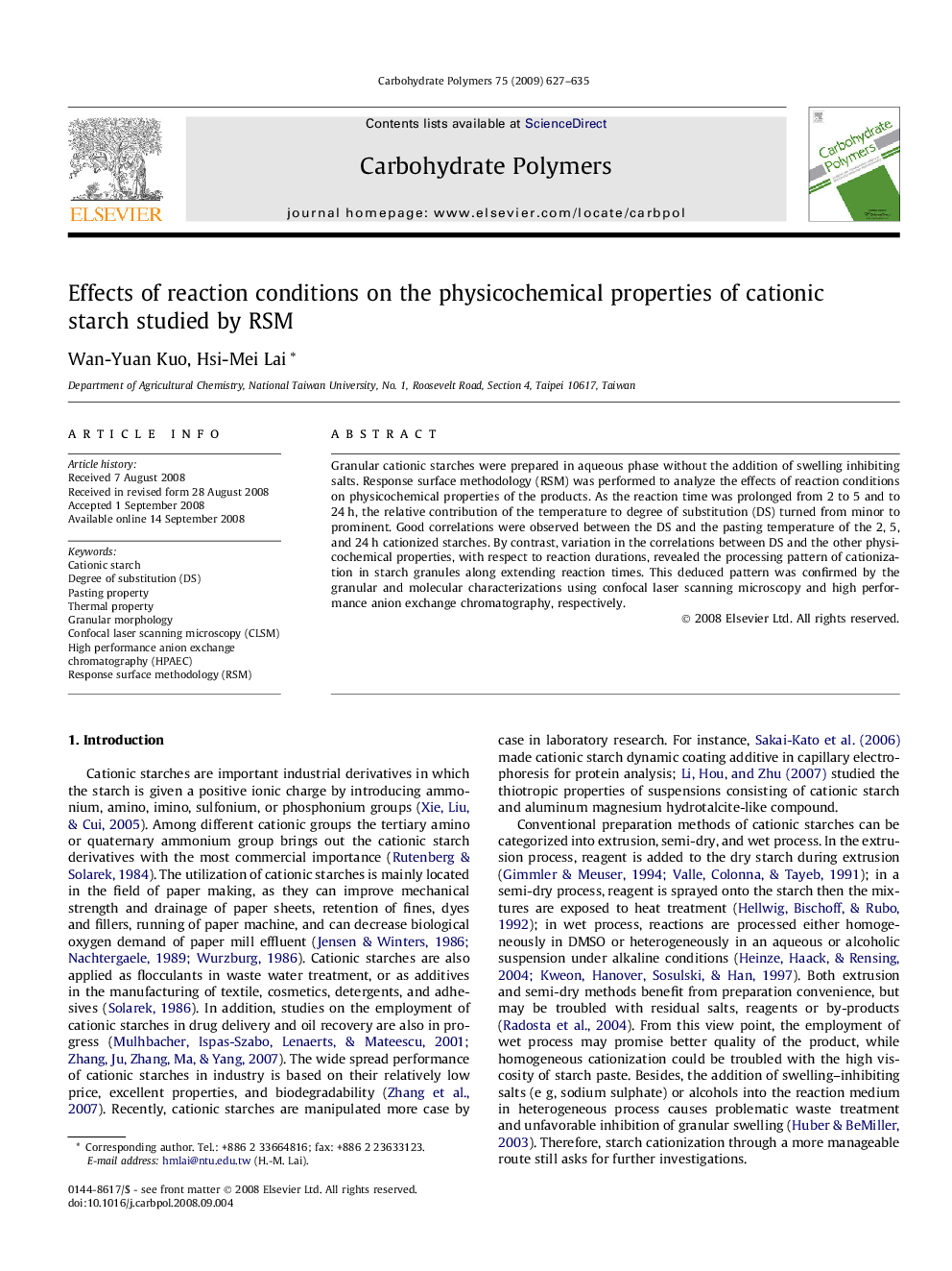 Effects of reaction conditions on the physicochemical properties of cationic starch studied by RSM