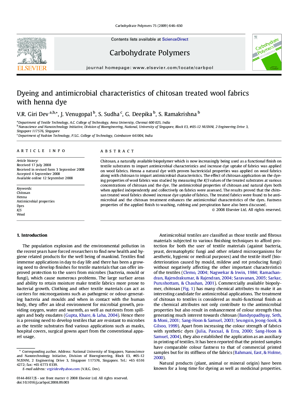 Dyeing and antimicrobial characteristics of chitosan treated wool fabrics with henna dye